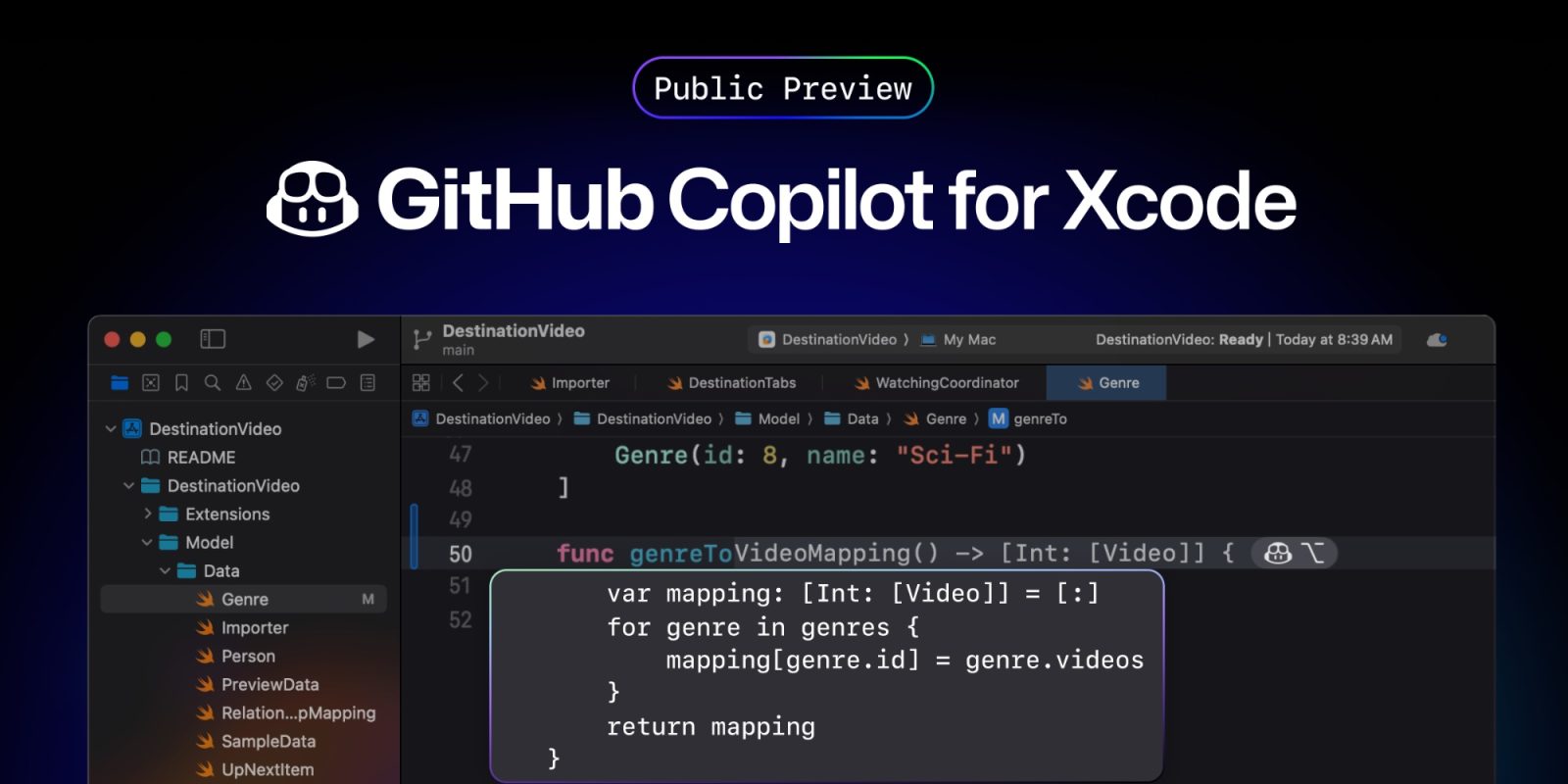 GitHub frigiver offentlig forhåndsvisning af Copilot til Apples Xcode